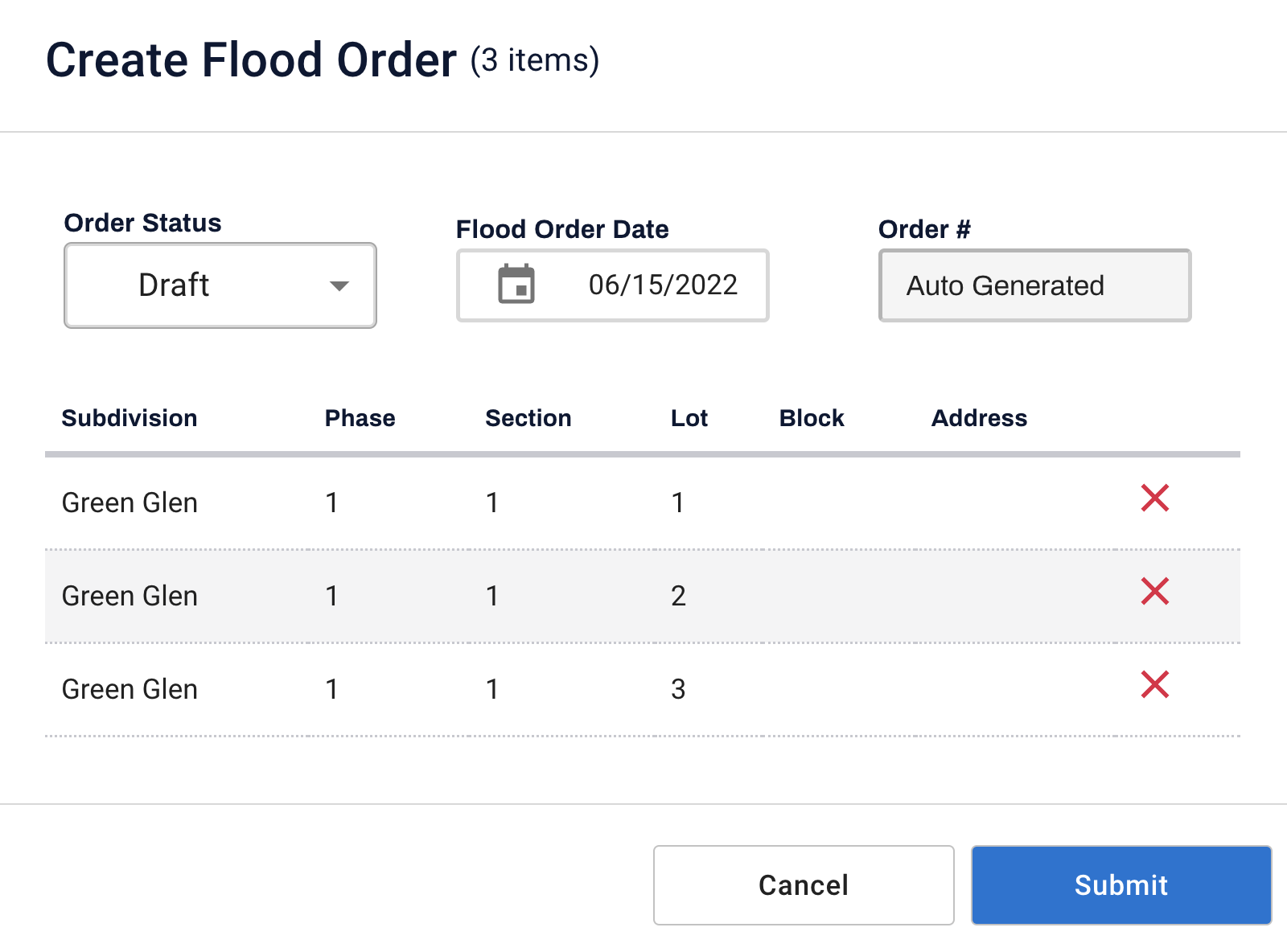 Choose the Order Status and Flood Order Date in the Create Flood Order pop-up. Click the Submit button.