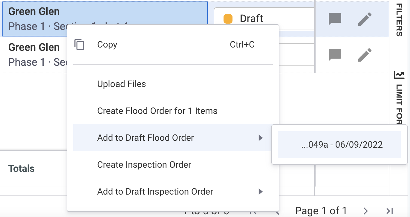 Right click on the unit or units of collateral and choose the Add to Draft Flood Order option. Select the draft flood order to which you want to add the collateral.