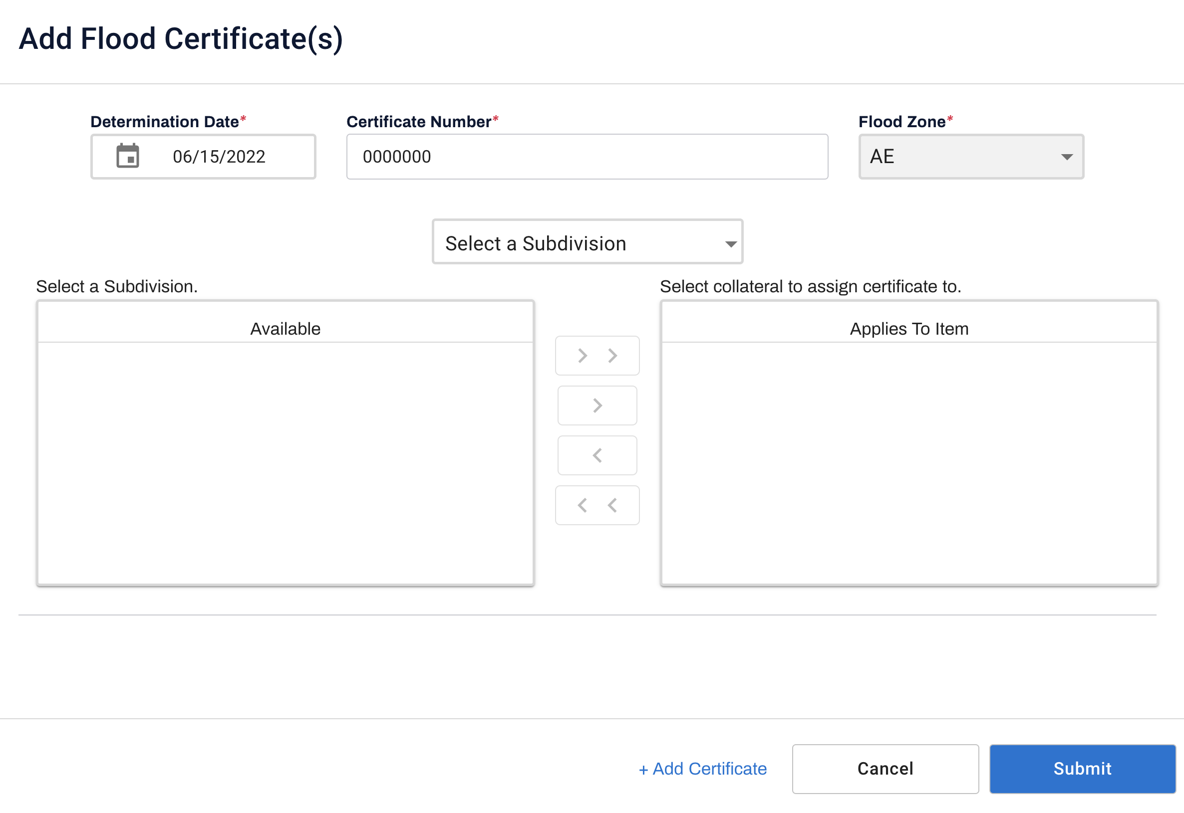 Select the Determination Date, enter the Certificate Number, and select the Flood Zone. Click the Submit button.