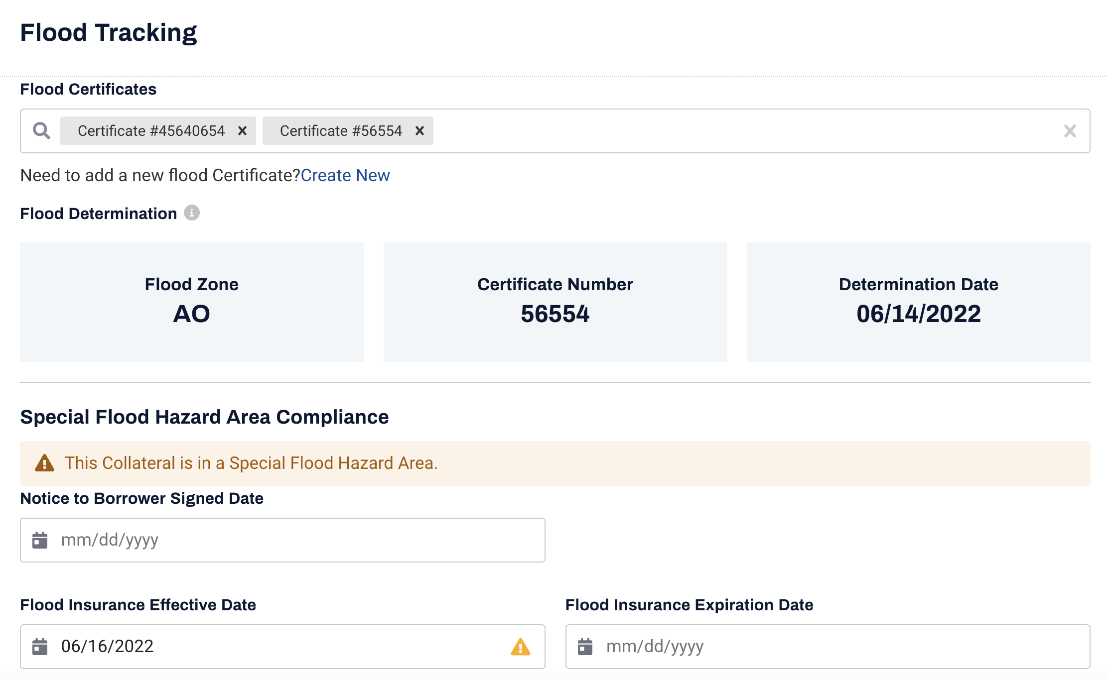 Scoll down to find the Flood Tracking section and select the Flood Certificates and any additional information you have regarding the Notice to Borrower Signed Date, Flood Insurance Effective Date, or Flood Insurance Expiration Date.